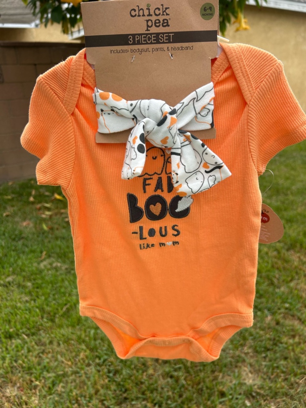 chick pea Orange Baby Bodysuit Set with Patterned Bow Headband